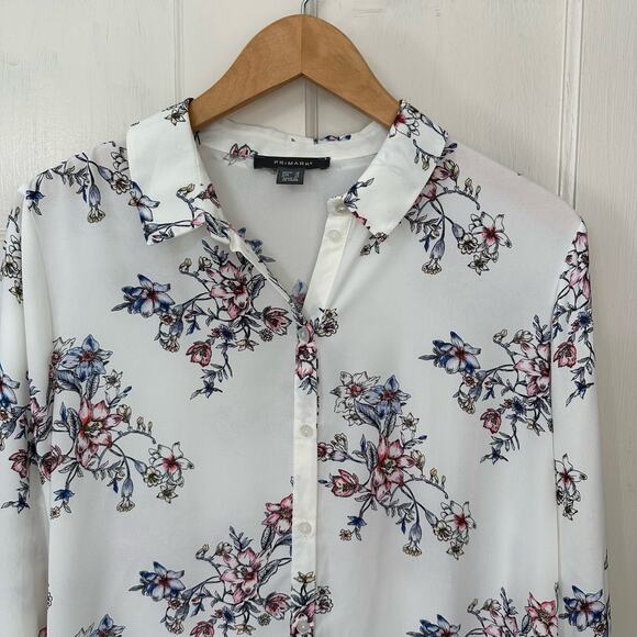 Primark Floral Blouse Womens Top Size US 14 Button Up Cuff Sleeve White - Picture 4 of 8